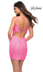 La Femme Neon Pink Short Sequin Sexy Party Dress