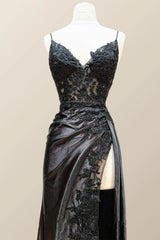 Straps Black Appliques Long Formal Dress with Slit