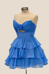 Strapless Yellow Pleated Tiered Short Dress with Rosette