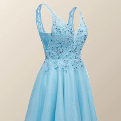 V Neck Blue Appliques Tulle A-line Short Dress