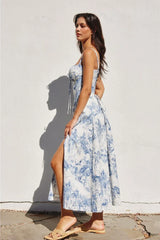 Caroline Coastline Corset Sweetheart Midi Dress - Blue