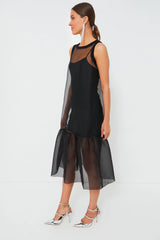 Black Midi Organza Ribbed Dress