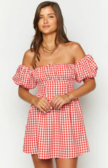 Love Lost Off The Shoulder Red Gingham Mini Dress