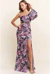 Amara One Shoulder Abstract Floral Satin Maxi Dress