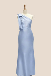 Light Blue One Shoulder Bow Bridesmaid Dress