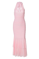Halter Plunge Pink Fitted Ruffle Dress