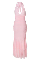 Halter Plunge Pink Fitted Ruffle Dress