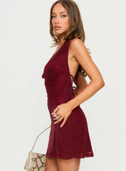 Hypnotise Ruched Halter Mini Dress Burgundy Shimmer