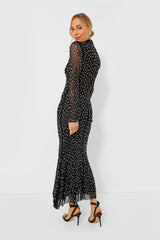 Black Square Rhinestone Mesh Midi Dress