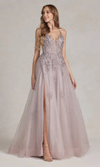 Long A-Line Lace Prom Dress with Wrap-Style Skirt
