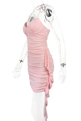 Halter Pink Fitted Frill Train Short Dress