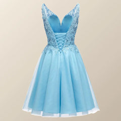 V Neck Blue Appliques Tulle A-line Short Dress