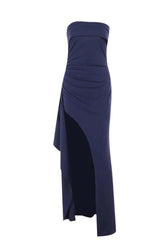Strapless Navy Blue Pleated Long Dress with Slit