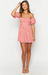 Love Lost Off The Shoulder Red Gingham Mini Dress