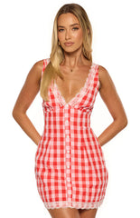 Elliana Red Gingham Lace Trim Mini Dress