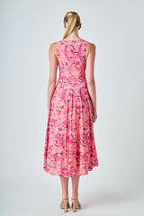 Sheena Florals Sleevless Linen Midi Dress - Pink