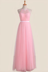 Halter Pink Pleated Tulle A-line Long Party Dress
