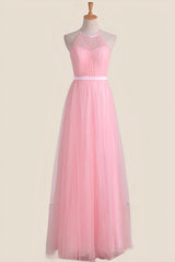 Halter Pink Pleated Tulle A-line Long Party Dress