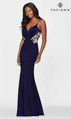 Faviana Gold-Beaded Navy Blue Long Prom Dress
