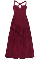 V-neck Wine Red Ruffle Long Party Dress