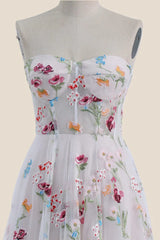 Strapless White Floral Embroidery Tulle Long Dress