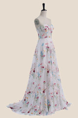 Strapless White Floral Embroidery Tulle Long Dress