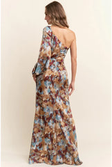 Amara One Shoulder Abstract Floral Satin Maxi Dress