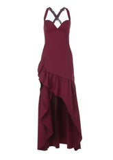 V-neck Wine Red Ruffle Long Party Dress