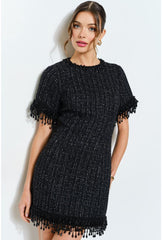 Iris Beaded Fringe Tweed Mini Dress - Black