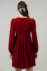 Bethany Velvet Silver Bow Mini Dress - Red