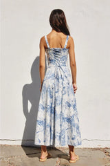 Caroline Coastline Corset Sweetheart Midi Dress - Blue