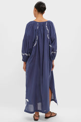 White Dove Embroidery Blue Indigo Organic Folk Maxi Dress