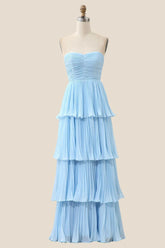 Strapless Light Blue Pleated Tiered Long Party Dress