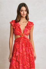 PRE-ORDER Only! (ETA May 30th) Francesca Frilly Ruffles Cut-Out Maxi Dress - Red