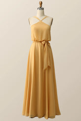 Halter Straps Yellow Chiffon Long Bridesmaid Dress