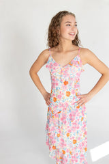 Floral Asymmetrical Hem Ruffle Mesh Midi Dress