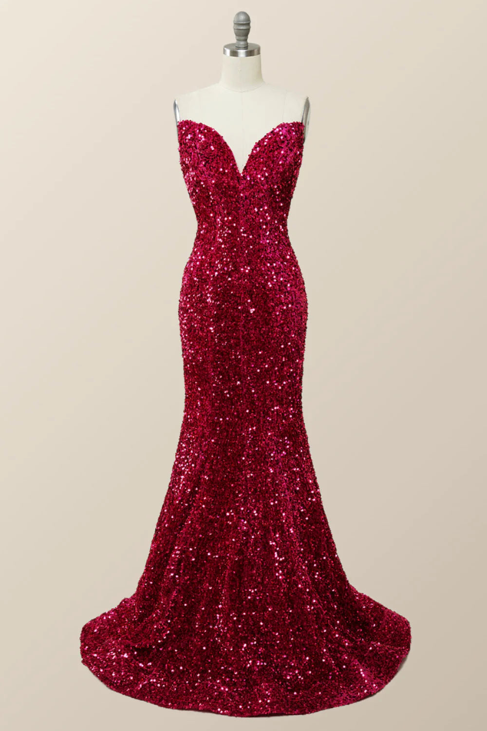 Strapless V Neck Fuchsia Sequin Mermaid Party Dress