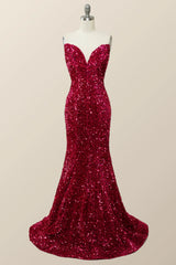 Strapless V Neck Fuchsia Sequin Mermaid Party Dress