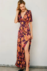 Talia Fall Florals Satin Bell Sleeved Maxi Dress