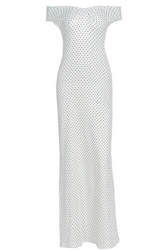 White Off-shoulder Polka Dot Long Dress