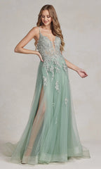 Long A-Line Lace Prom Dress with Wrap-Style Skirt