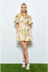 PRE-ORDER ONLY! ETA MAY 30th Savannah Floral Print Puff Sleeve Mini Dress - Yellow