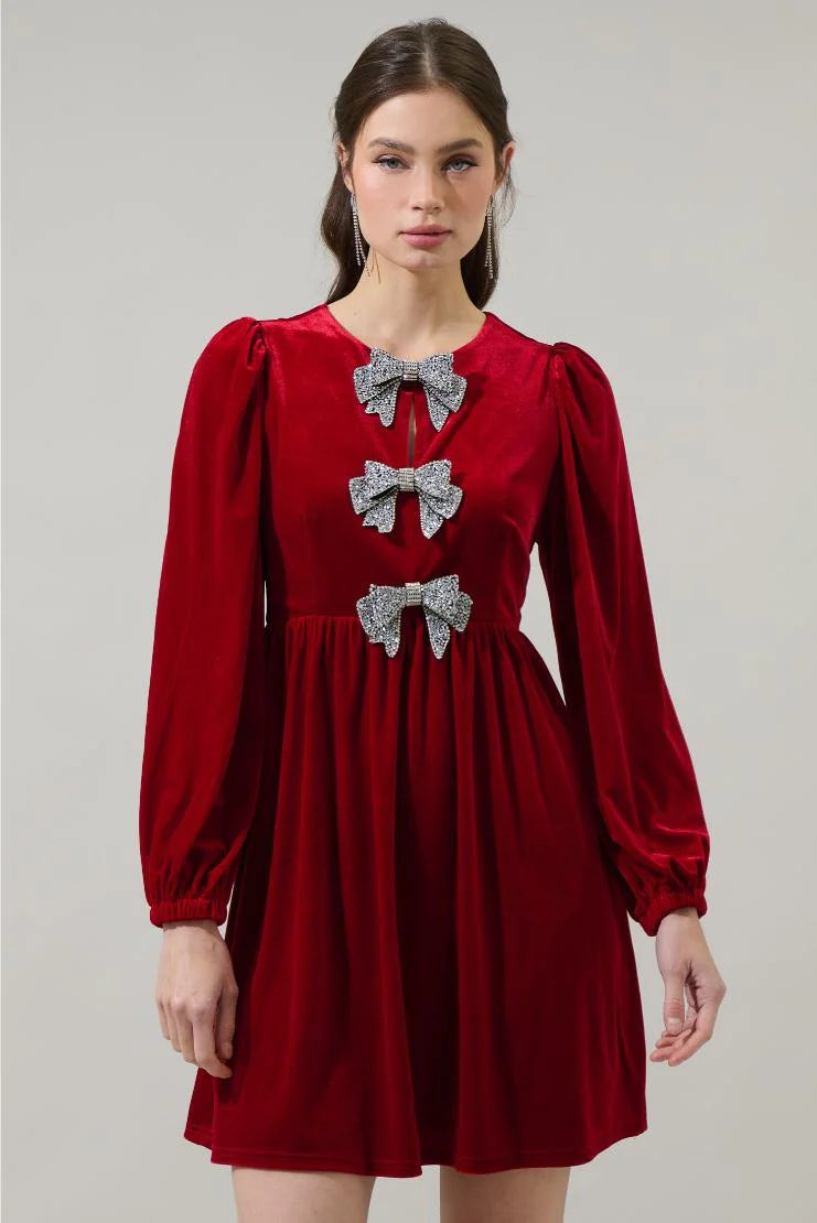 Bethany Velvet Silver Bow Mini Dress - Red