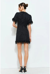 Iris Beaded Fringe Tweed Mini Dress - Black