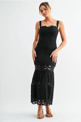 Raven Lace Tiered Midi Dress - Black