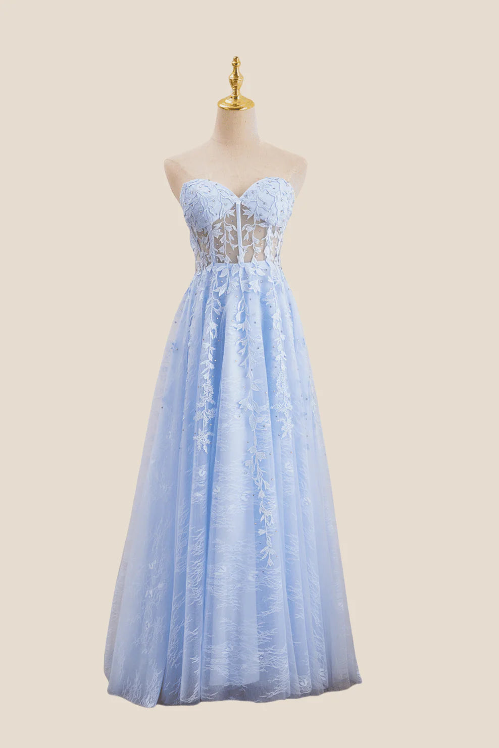 Strapless Light Blue Lace Appliques Long Dress