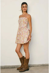 Destiny Floral Ladder Lace Pleated Flared Mini Dress