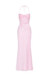 Halter Pink Satin Fitted Long Formal Dress