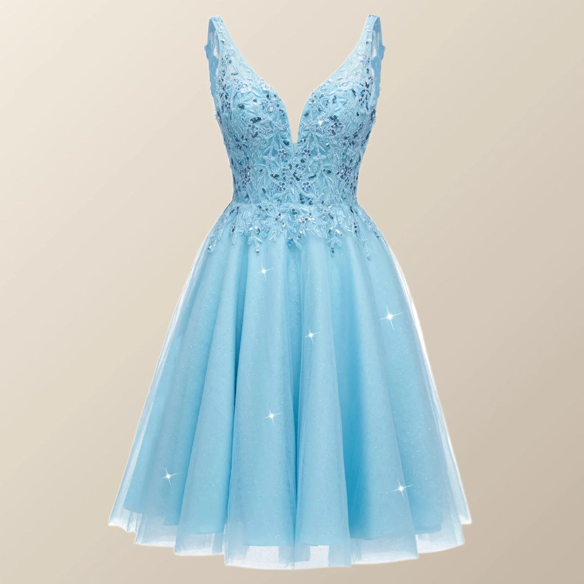 V Neck Blue Appliques Tulle A-line Short Dress