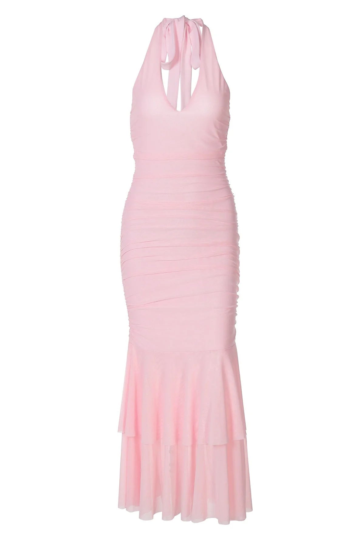 Halter Plunge Pink Fitted Ruffle Dress